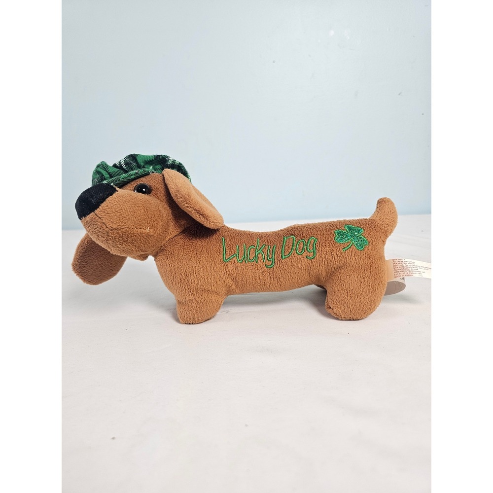 St Patricks Day Dan Dee Lucky Dog Plush Small Brown Plaid Hat Shamrock Dachshund